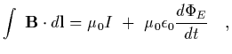 $\displaystyle \int\ {\bf B}\cdot d{\bf l} =\mu_0 I
\ +\ \mu_0\epsilon_0 {d\Phi_E\over dt}
\ \ \ ,$